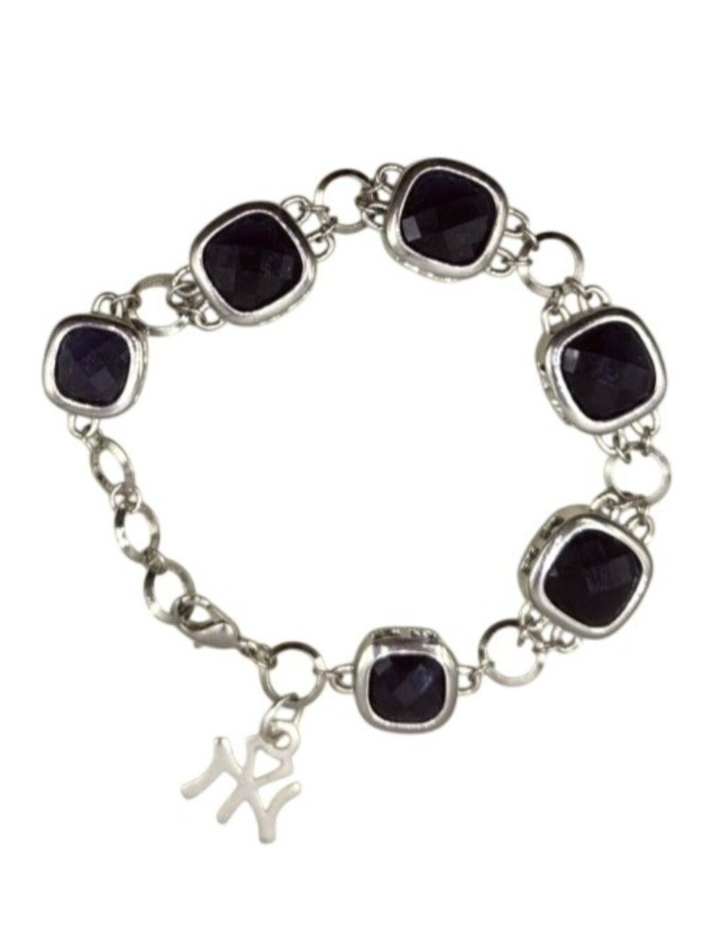 Black Faceted Glass Beads With NY Dangle Charm - New York Yankees Bracelet